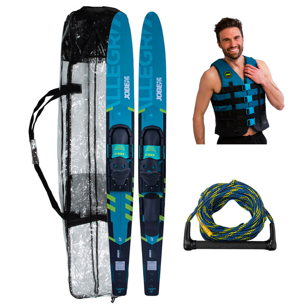Allegre ensemble de ski nautique 67'' teal avec sac, corde et gilet 4 Buckle